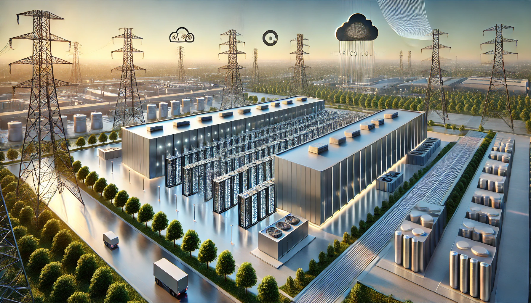 A photorealistic digital rendering of a modern data center with sleek, industrial architecture, metallic surfaces, and visible cooling systems, surrounded by lush green trees. Fiber optic cables are visible underground through a glass panel cutout. The background features faint silhouettes of telecommunications towers and cloud computing symbols against a clear sky with a soft blue-to-orange gradient.