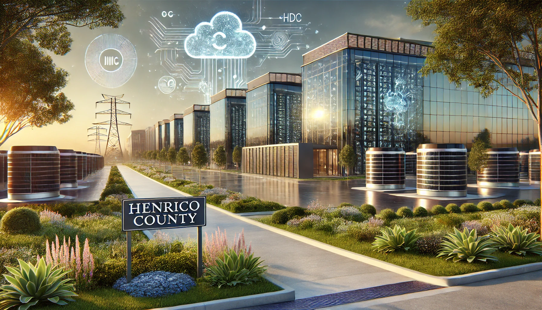 A photorealistic modern data center campus with sleek, futuristic glass and steel buildings surrounded by lush greenery. Solar panels are visible on rooftops, with large cooling units and power lines indicating high-capacity operations. The sky features digital elements like glowing cloud icons, AI circuits, and flowing data streams. A signpost reads “Henrico County,” indicating the location.